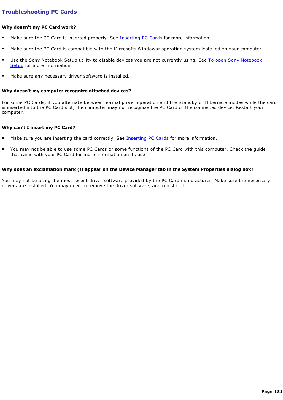 Troubleshooting pc cards | Sony PCG-NV200 User Manual | Page 181 / 187