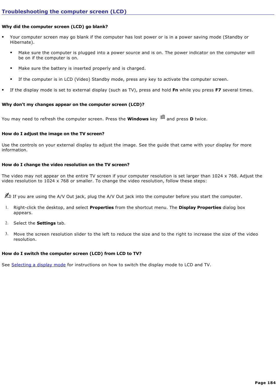 Troubleshooting the computer screen (lcd) | Sony PCG-NV200 User Manual | Page 184 / 187