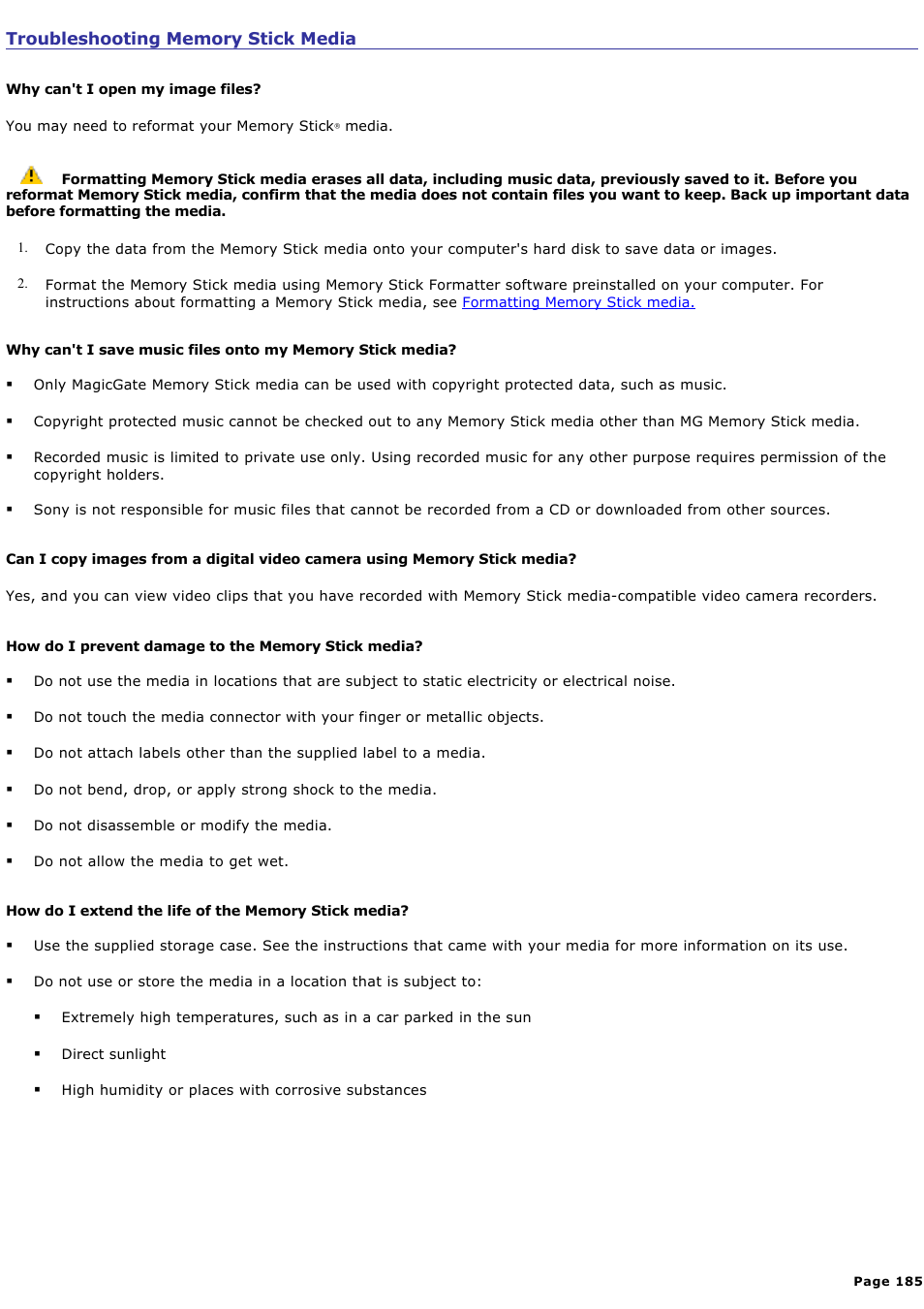 Troubleshooting memory stick media | Sony PCG-NV200 User Manual | Page 185 / 187