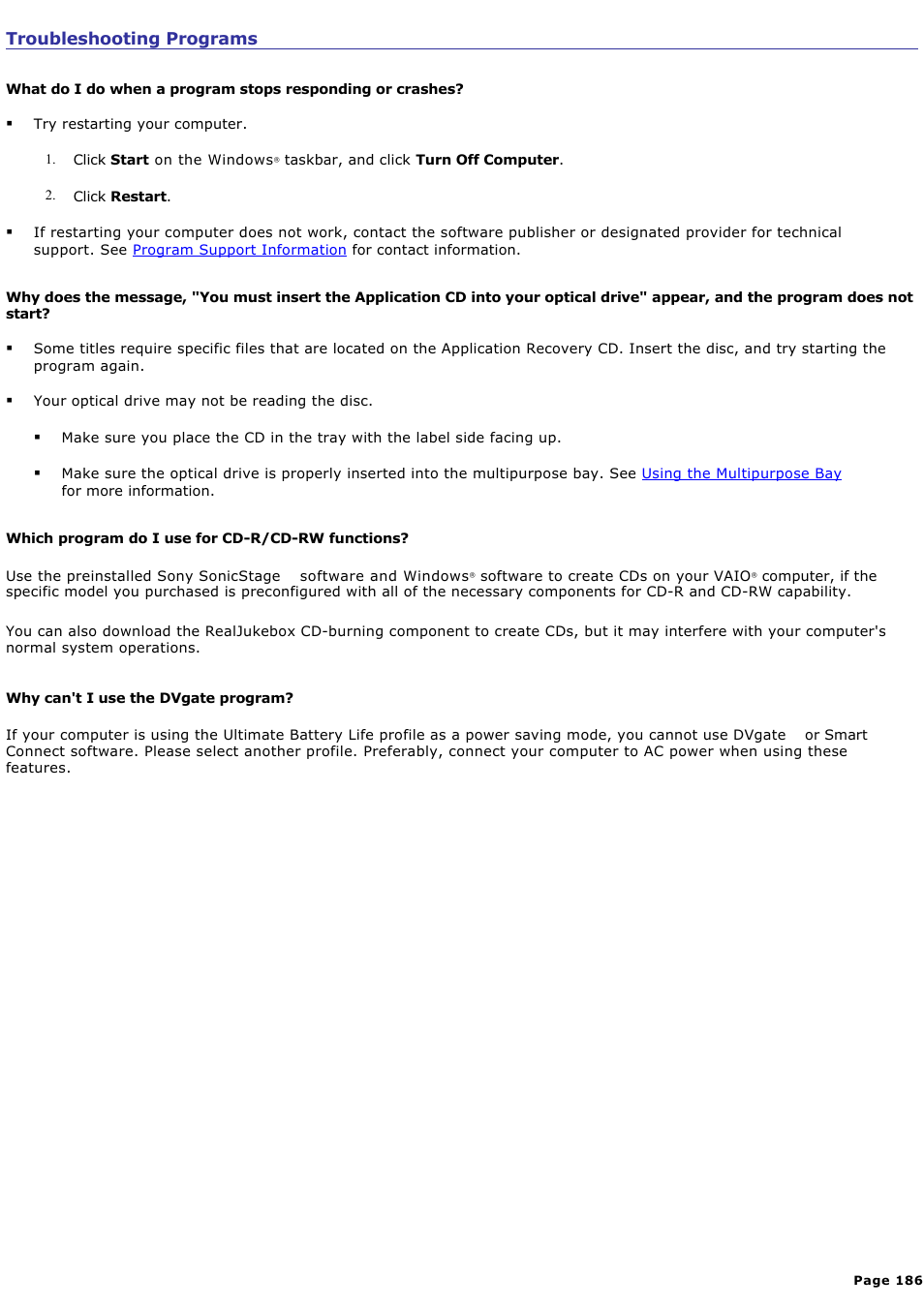 Troubleshooting programs | Sony PCG-NV200 User Manual | Page 186 / 187