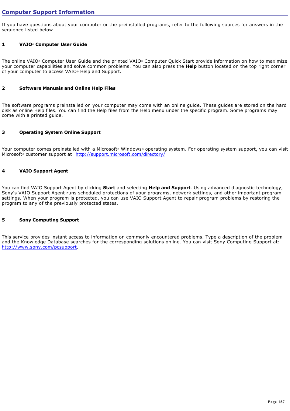 Computer support information | Sony PCG-NV200 User Manual | Page 187 / 187