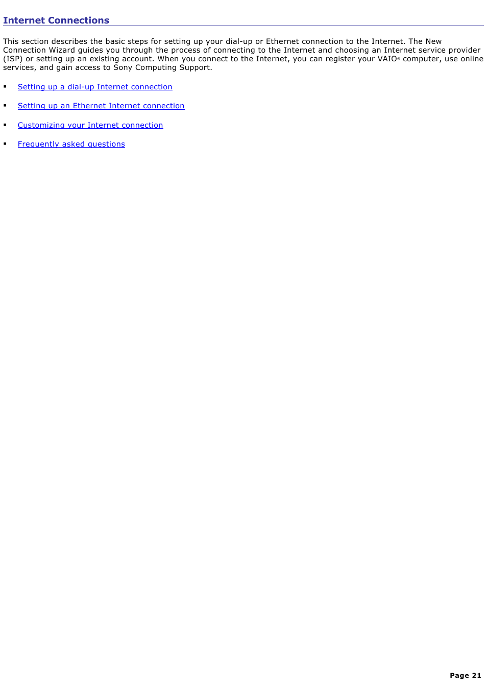 Internet connections | Sony PCG-NV200 User Manual | Page 21 / 187