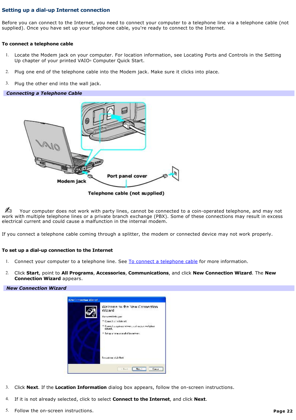 Setting up a dial-up internet connection | Sony PCG-NV200 User Manual | Page 22 / 187