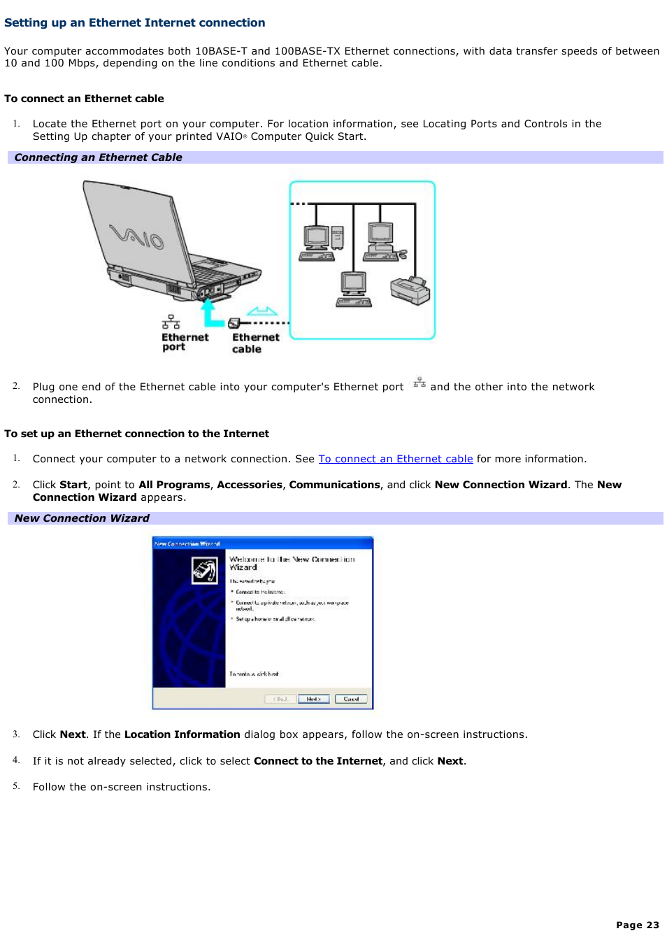 Setting up an ethernet internet connection | Sony PCG-NV200 User Manual | Page 23 / 187