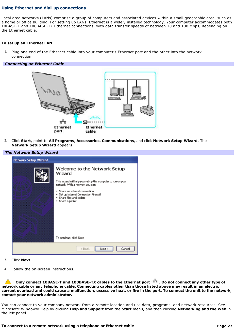 Using ethernet and dial-up connections | Sony PCG-NV200 User Manual | Page 27 / 187