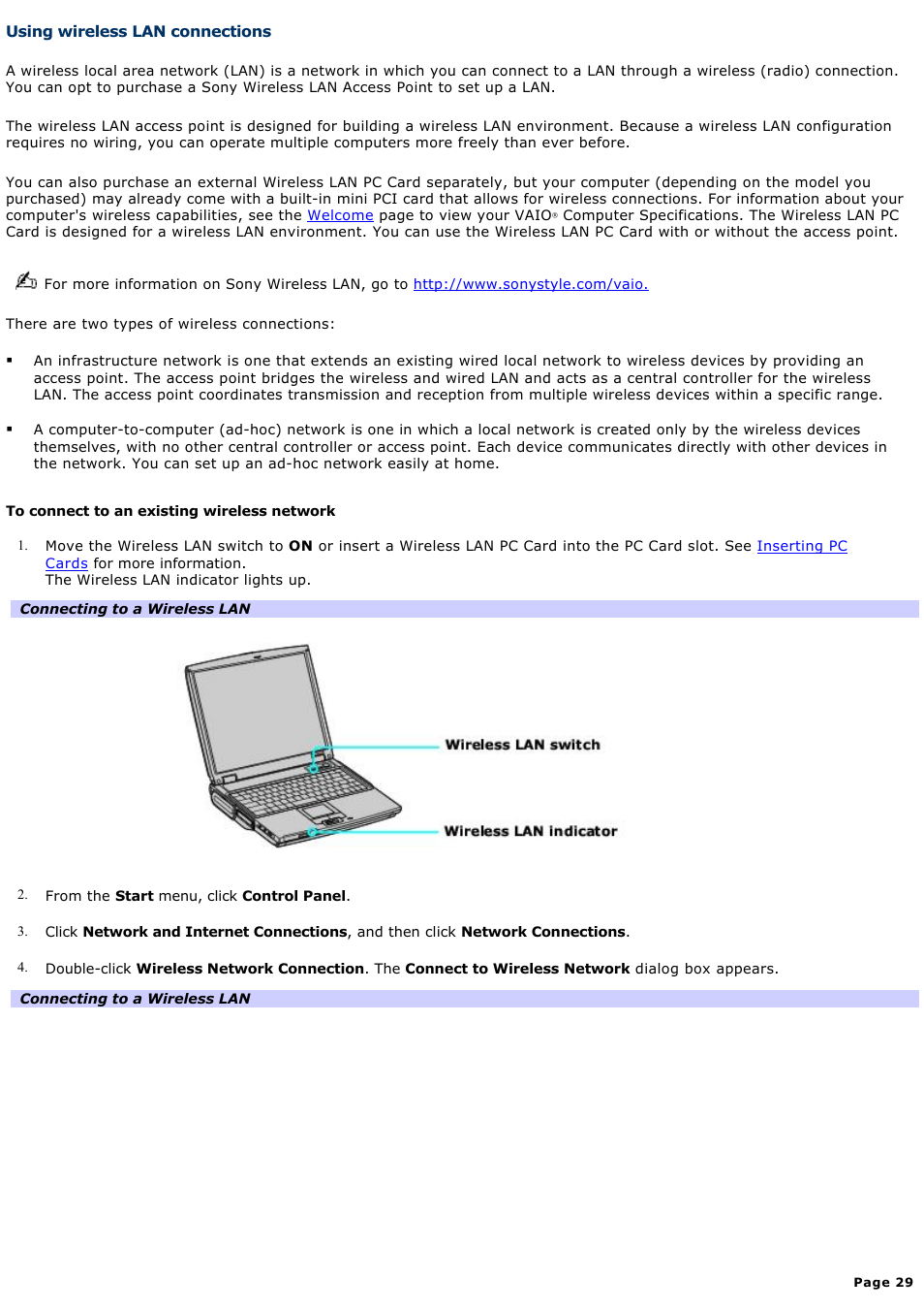 Using wireless lan connections | Sony PCG-NV200 User Manual | Page 29 / 187