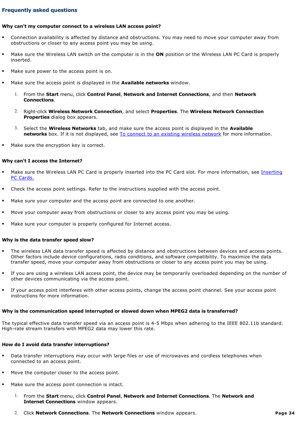 Frequently asked questions | Sony PCG-NV200 User Manual | Page 34 / 187