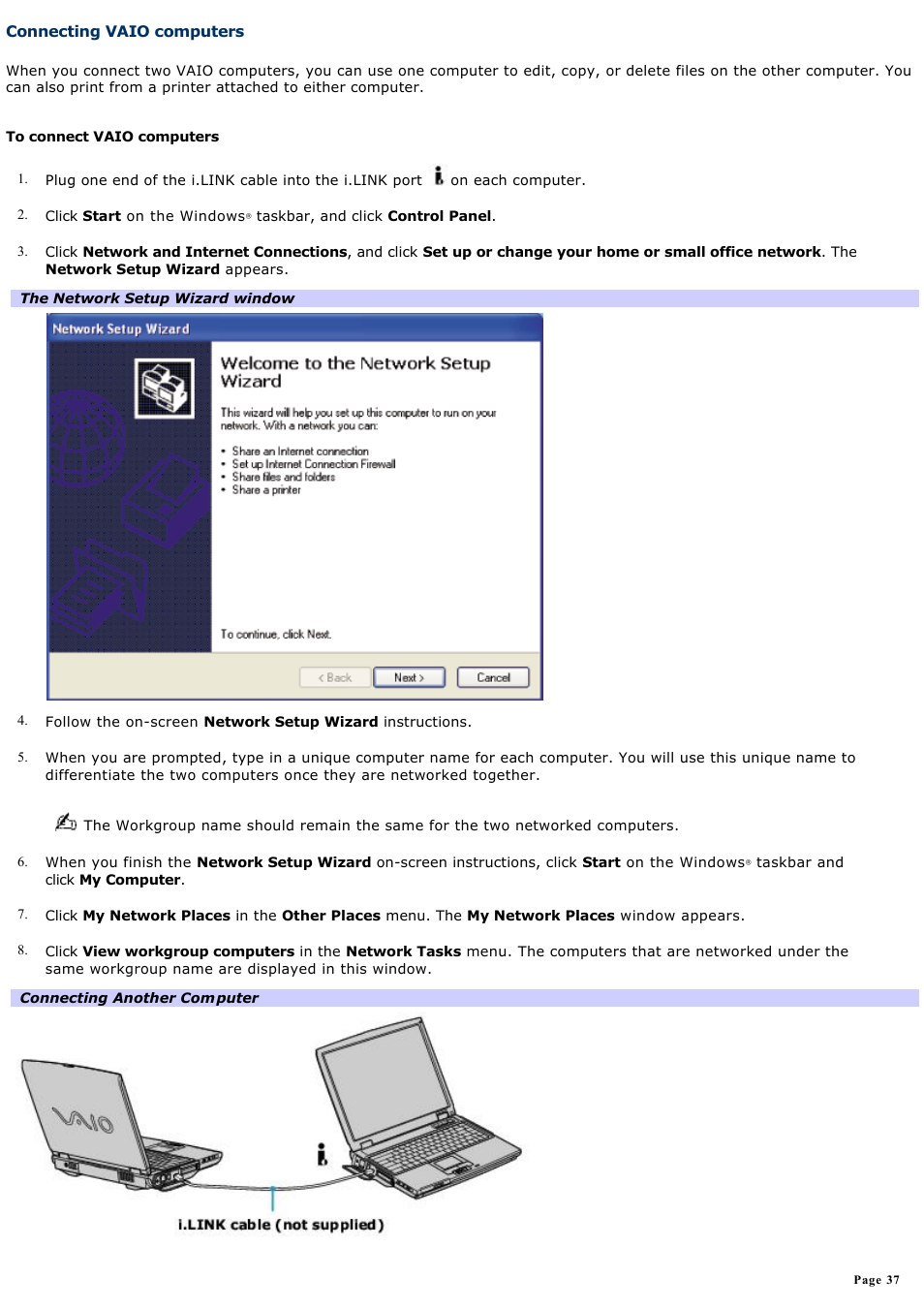 Connecting vaio computers | Sony PCG-NV200 User Manual | Page 37 / 187