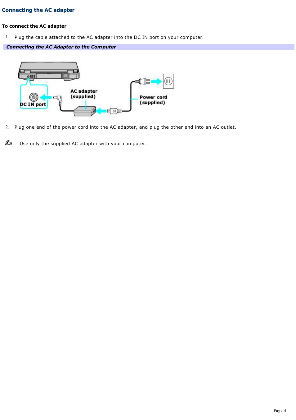 Connecting the ac adapter | Sony PCG-NV200 User Manual | Page 4 / 187