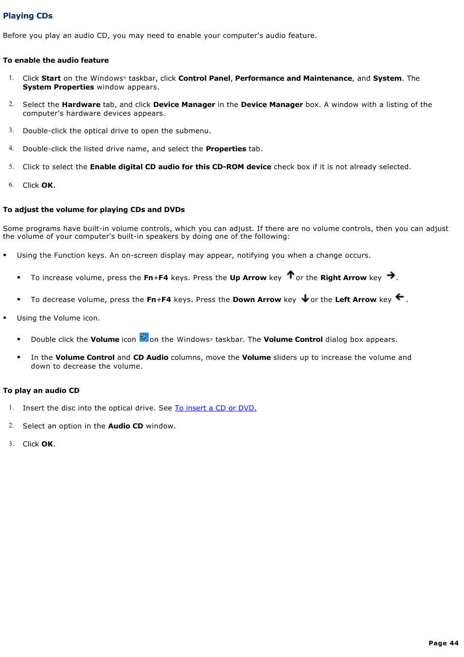 Playing cds | Sony PCG-NV200 User Manual | Page 44 / 187