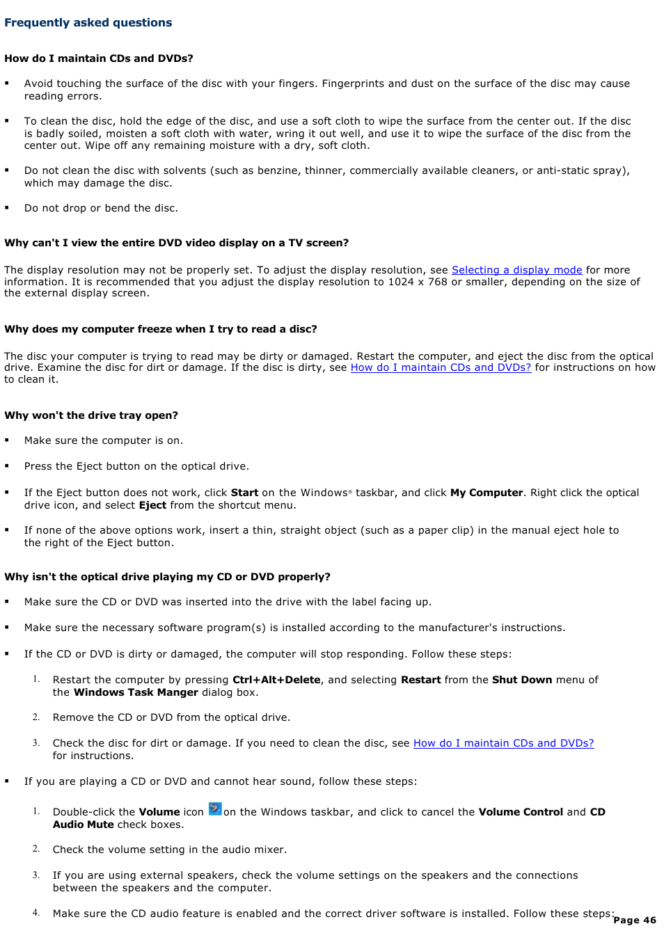 Frequently asked questions | Sony PCG-NV200 User Manual | Page 46 / 187