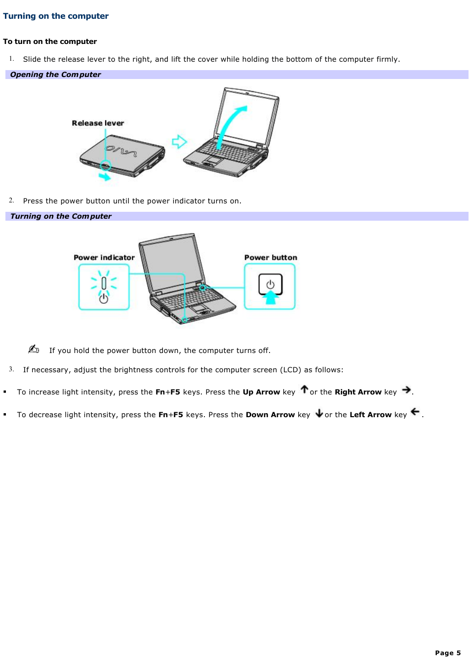 Turning on the computer | Sony PCG-NV200 User Manual | Page 5 / 187