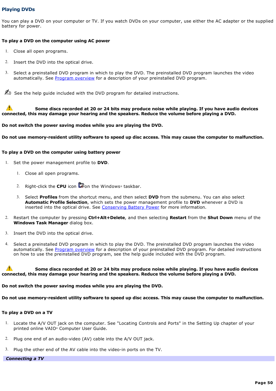 Playing dvds | Sony PCG-NV200 User Manual | Page 50 / 187