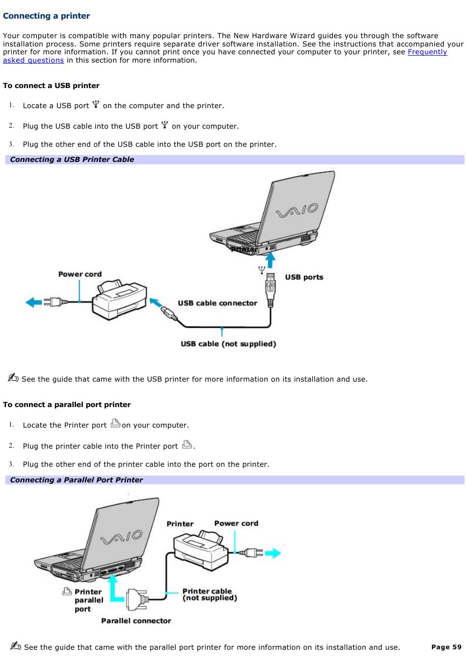 Connecting a printer | Sony PCG-NV200 User Manual | Page 59 / 187