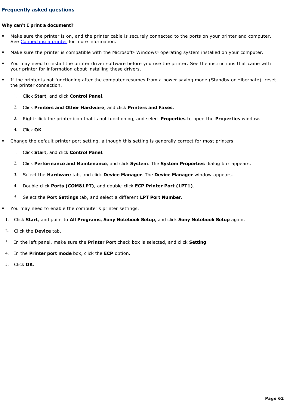 Frequently asked questions | Sony PCG-NV200 User Manual | Page 62 / 187
