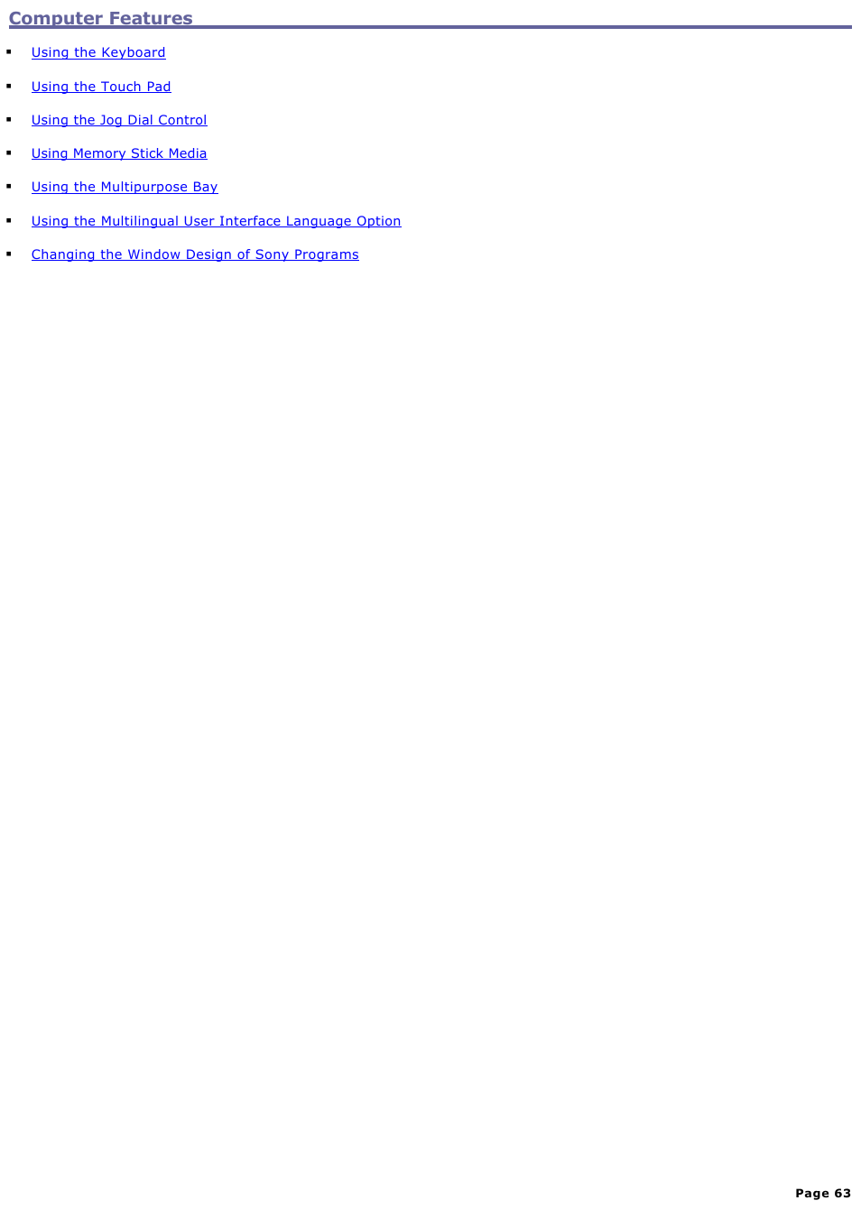 Computer features | Sony PCG-NV200 User Manual | Page 63 / 187