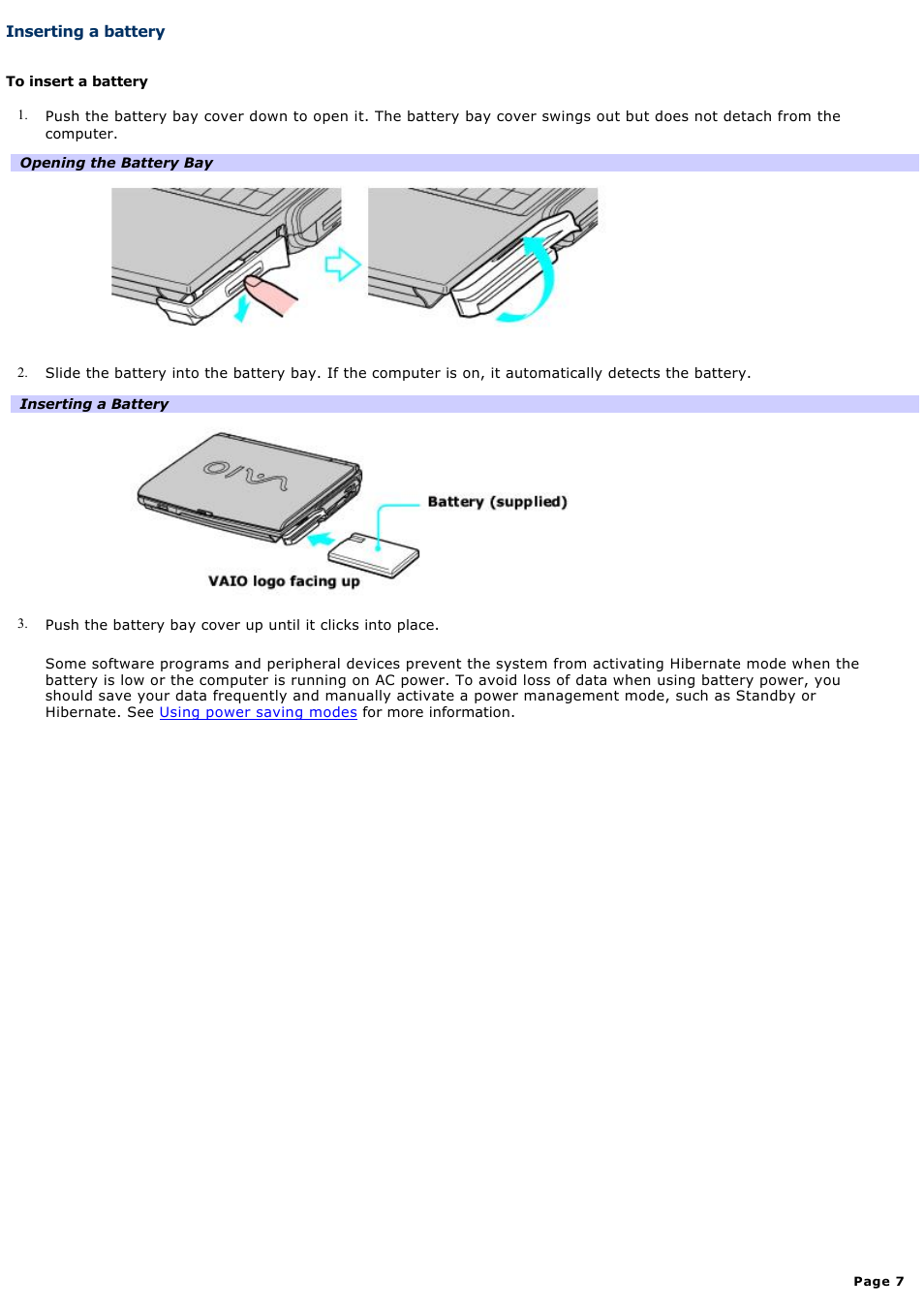 Inserting a battery | Sony PCG-NV200 User Manual | Page 7 / 187