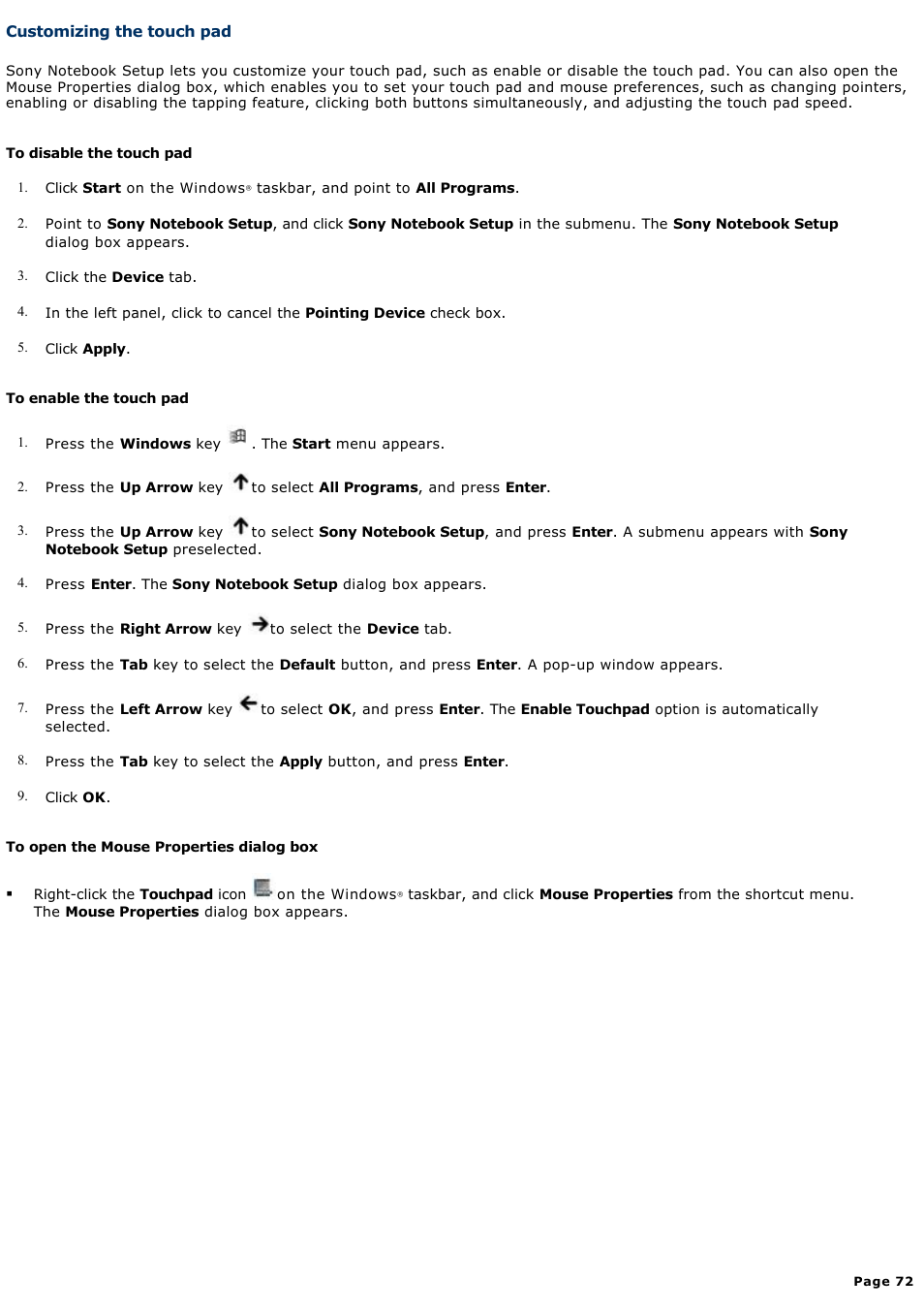 Customizing the touch pad | Sony PCG-NV200 User Manual | Page 72 / 187