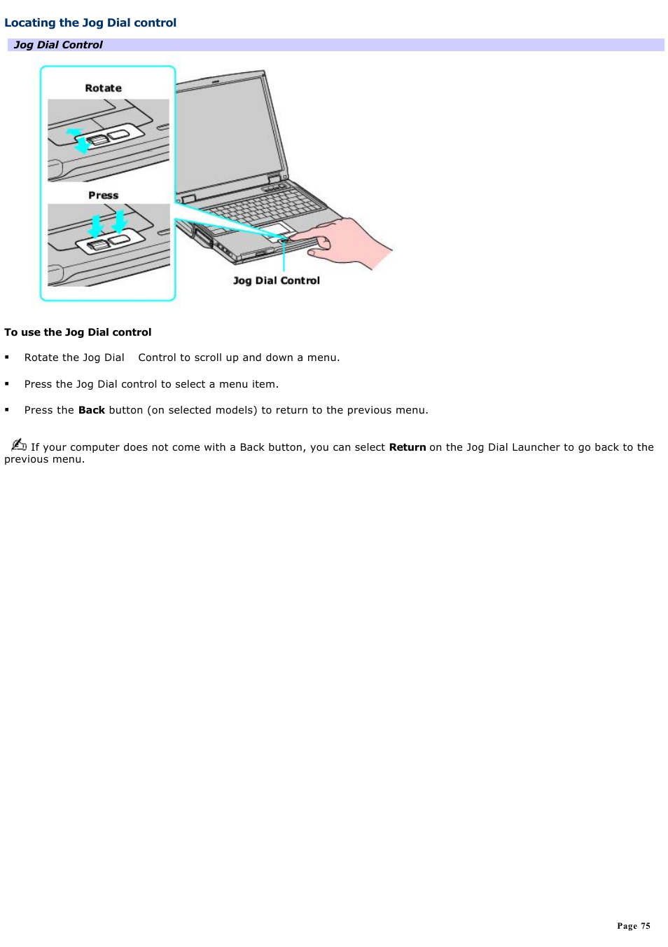 Locating the jog dial control | Sony PCG-NV200 User Manual | Page 75 / 187