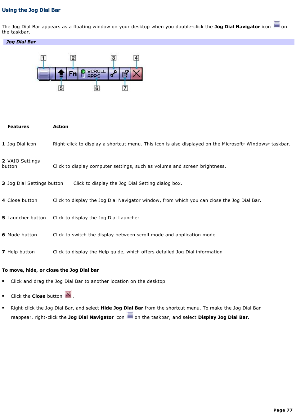 Using the jog dial bar | Sony PCG-NV200 User Manual | Page 77 / 187