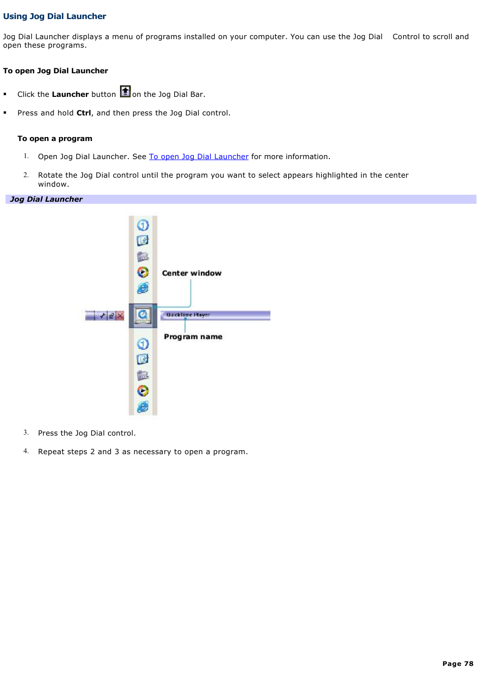 Using jog dial launcher | Sony PCG-NV200 User Manual | Page 78 / 187