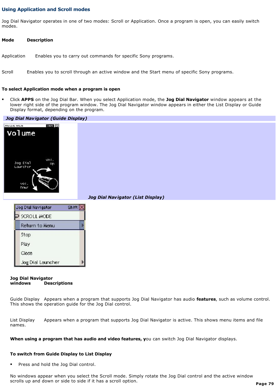 Using application and scroll modes | Sony PCG-NV200 User Manual | Page 79 / 187