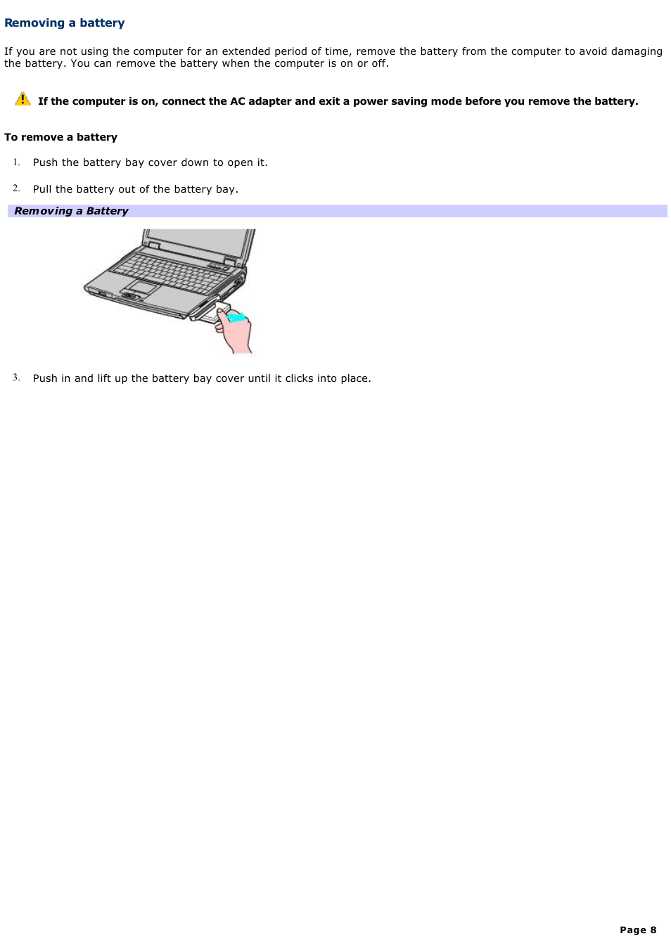 Removing a battery | Sony PCG-NV200 User Manual | Page 8 / 187