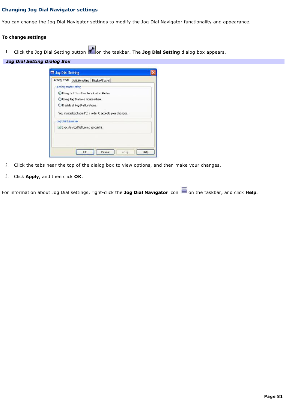 Changing jog dial navigator settings | Sony PCG-NV200 User Manual | Page 81 / 187