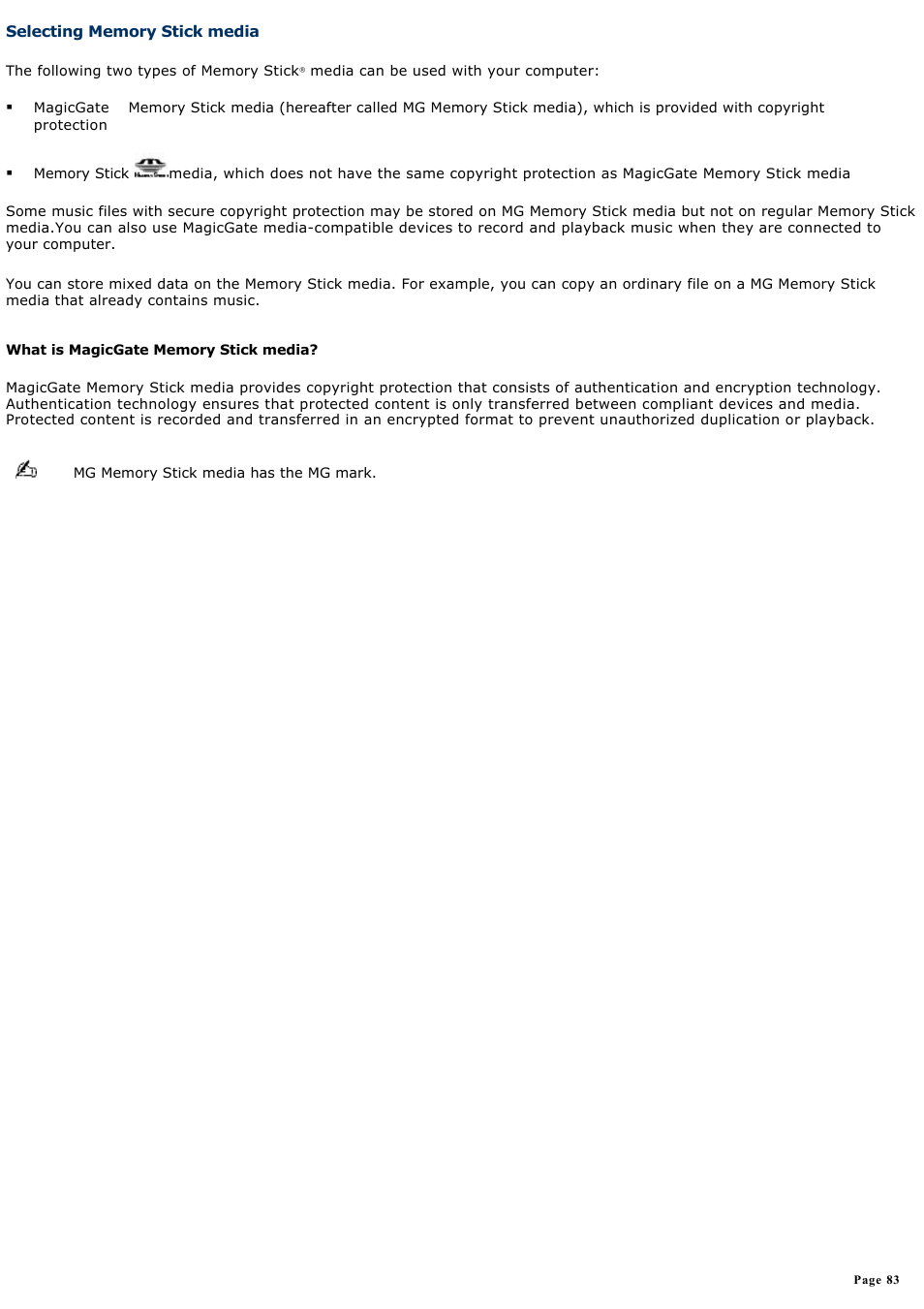 Selecting memory stick media | Sony PCG-NV200 User Manual | Page 83 / 187