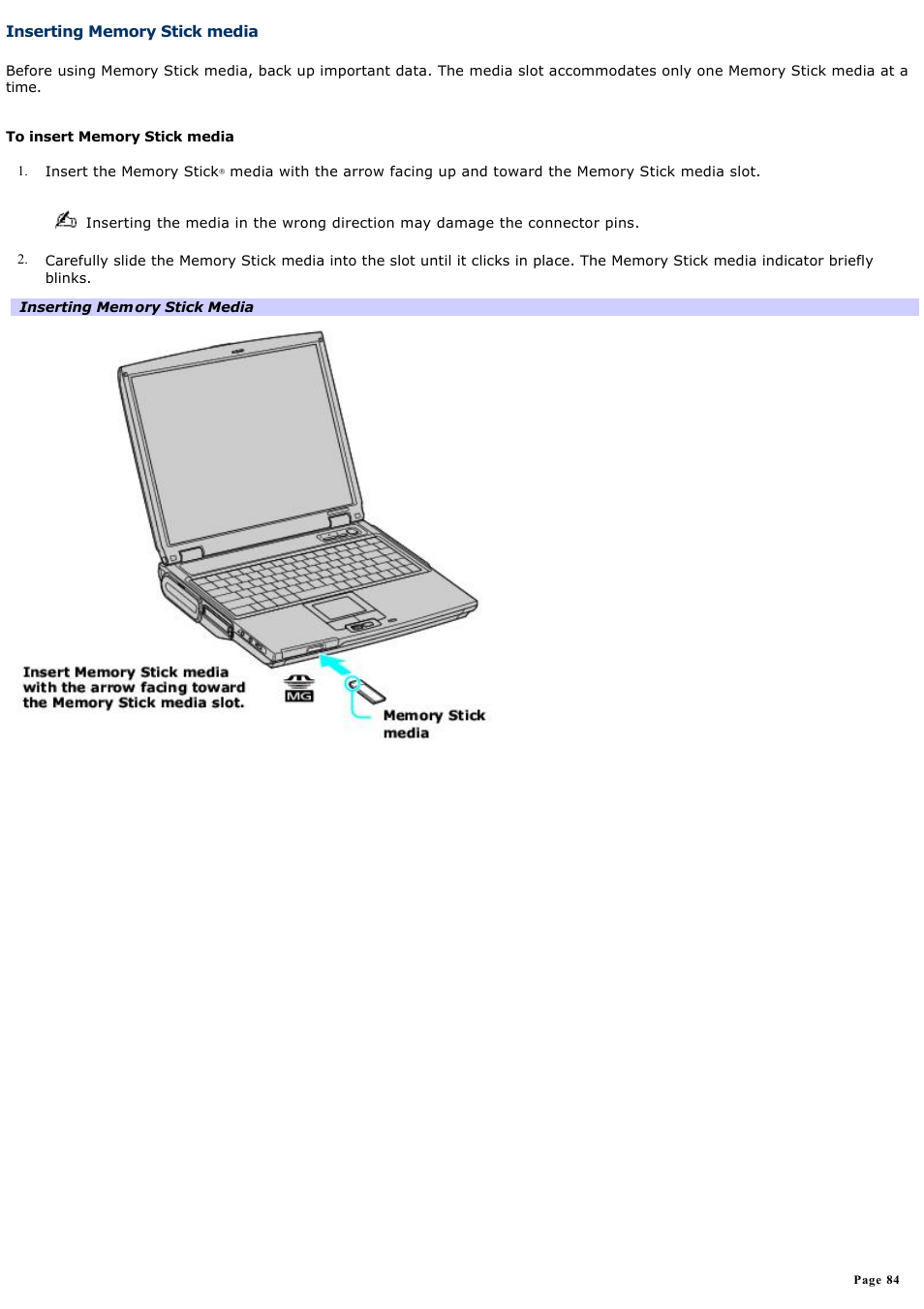 Inserting memory stick media | Sony PCG-NV200 User Manual | Page 84 / 187