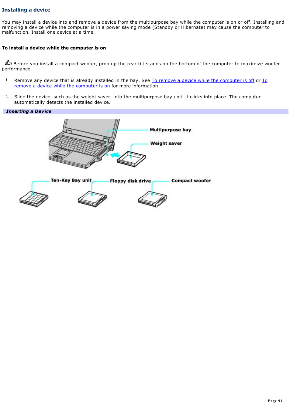 Installing a device | Sony PCG-NV200 User Manual | Page 91 / 187