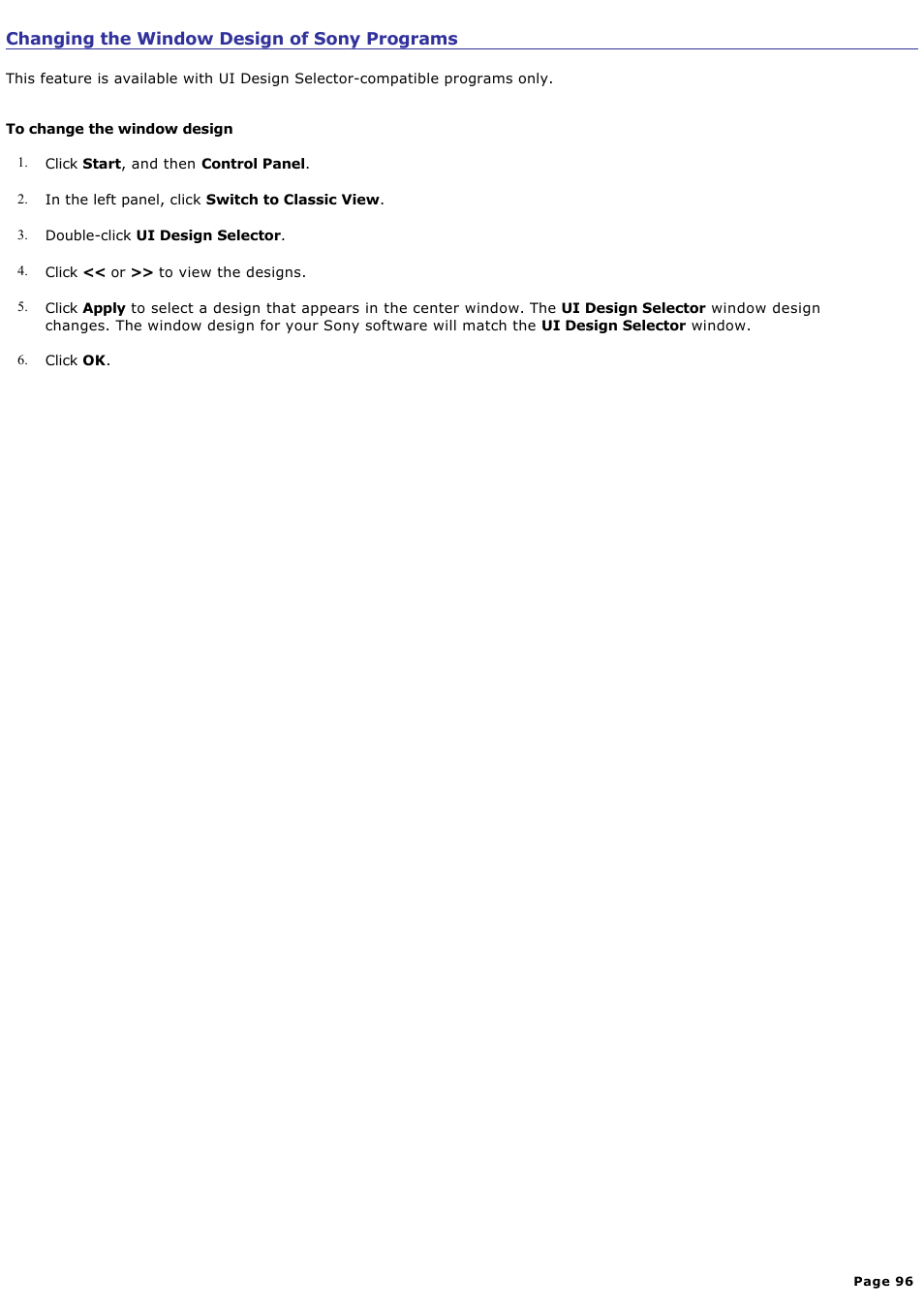 Changing the window design of sony programs | Sony PCG-NV200 User Manual | Page 96 / 187