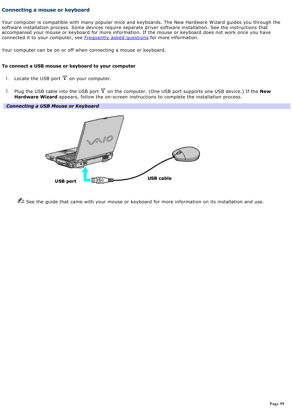 Connecting a mouse or keyboard | Sony PCG-NV200 User Manual | Page 99 / 187