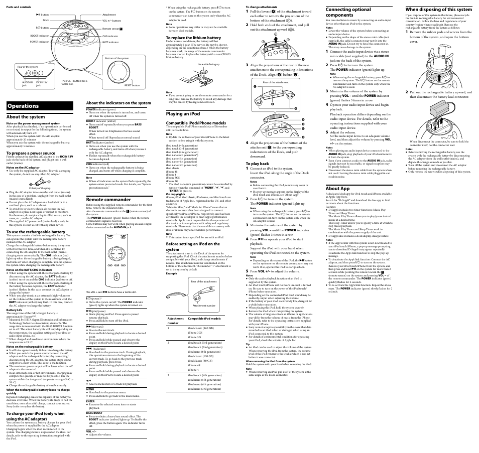Operations, Remote commander, Playing an ipod | About the system, Connecting optional components, About app, When disposing of this system | Sony RDP-V20iPRED User Manual | Page 2 / 2