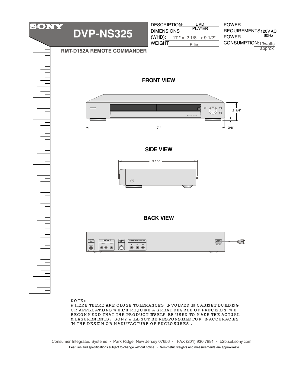 Sony DVP-NS325 User Manual | 1 page