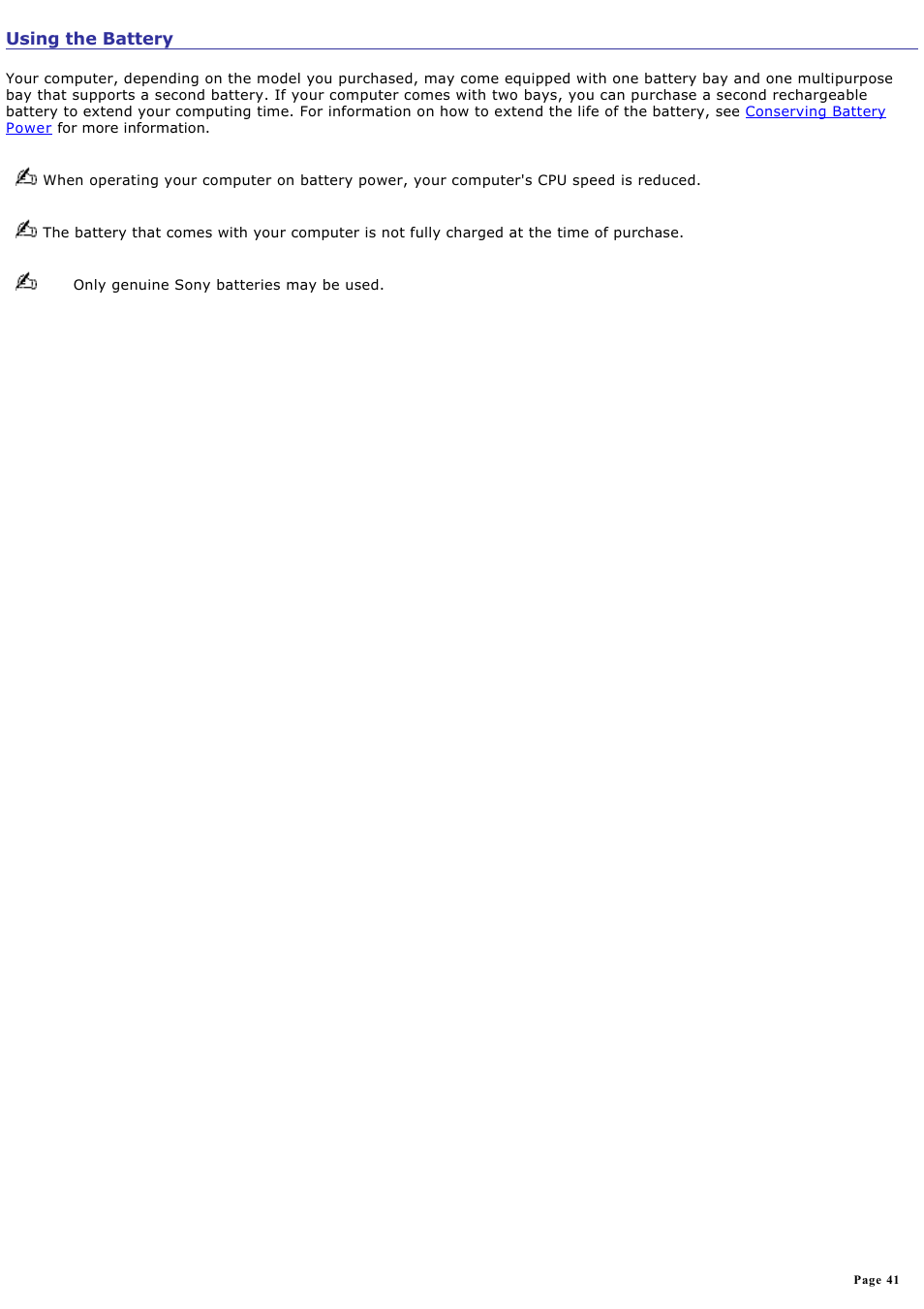 Using the battery | Sony VGN-A130B User Manual | Page 41 / 315