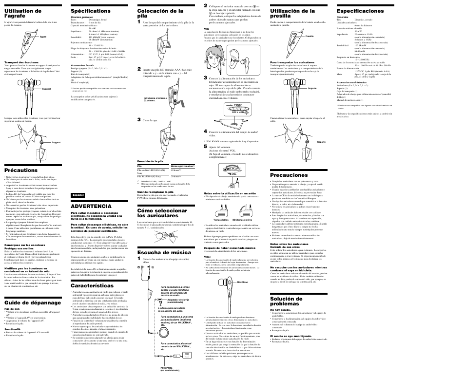 Utilisation de l’agrafe, Précautions, Guide de dépannage | Spécifications, Advertencia, Características, Colocación de la pila 1, Cómo seleccionar los auriculares, Escucha de música 1, Utilización de la presilla | Sony MDR-NC11A User Manual | Page 2 / 2