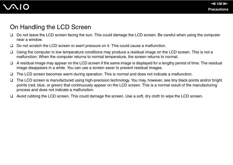 On handling the lcd screen | Sony VGN-S660P User Manual | Page 106 / 167