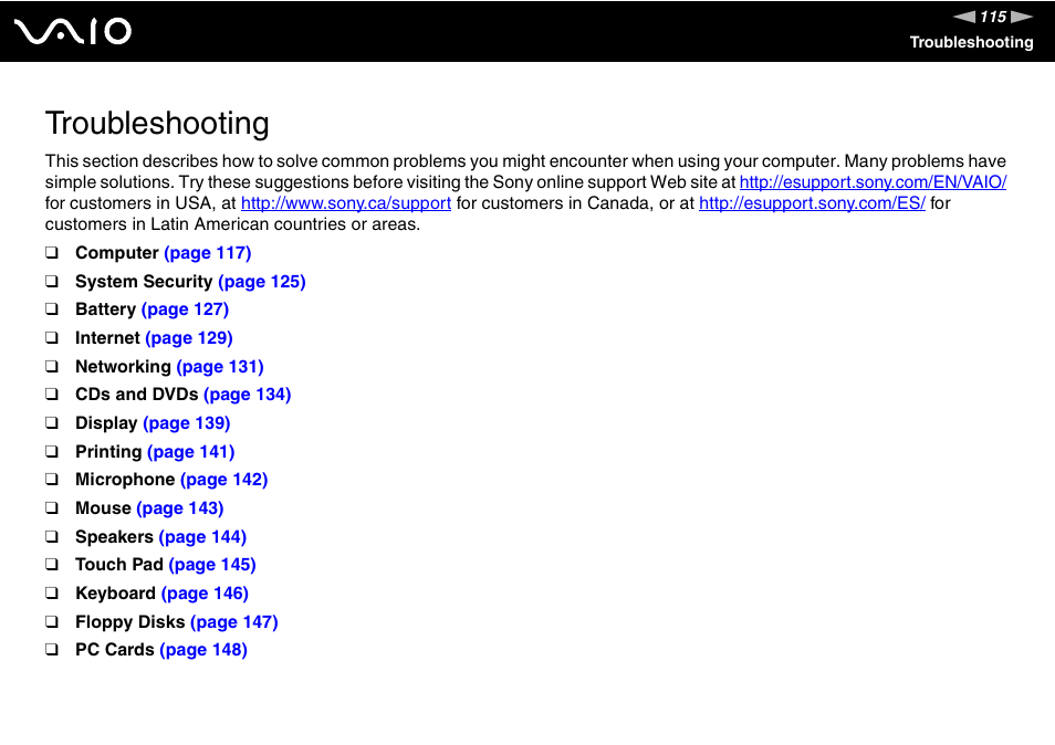 Troubleshooting | Sony VGN-S660P User Manual | Page 115 / 167