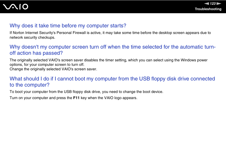 Why does it take time before my computer starts | Sony VGN-S660P User Manual | Page 123 / 167