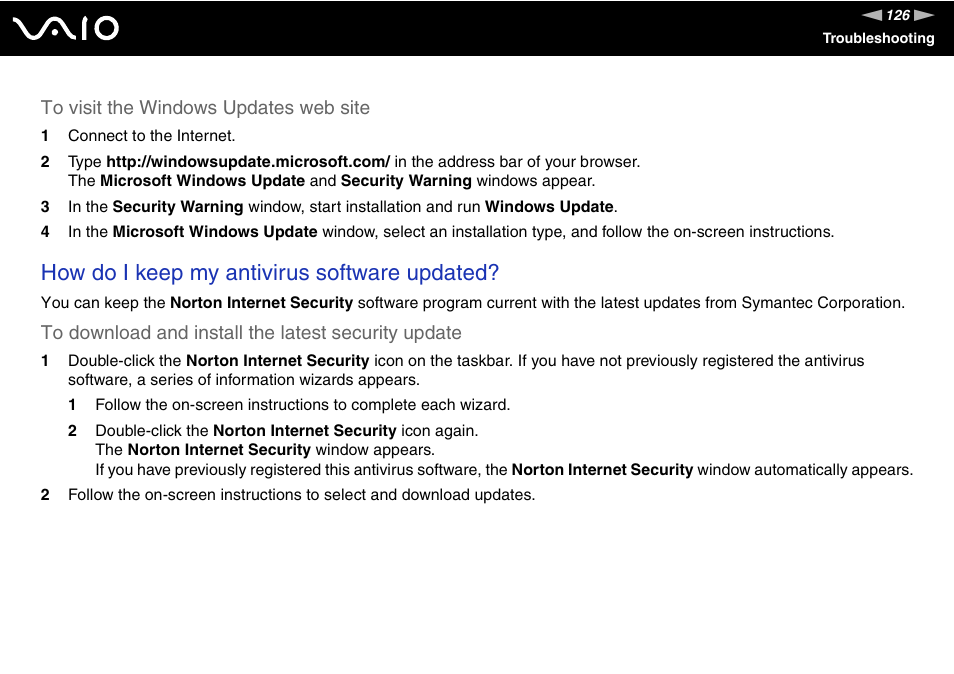 How do i keep my antivirus software updated | Sony VGN-S660P User Manual | Page 126 / 167