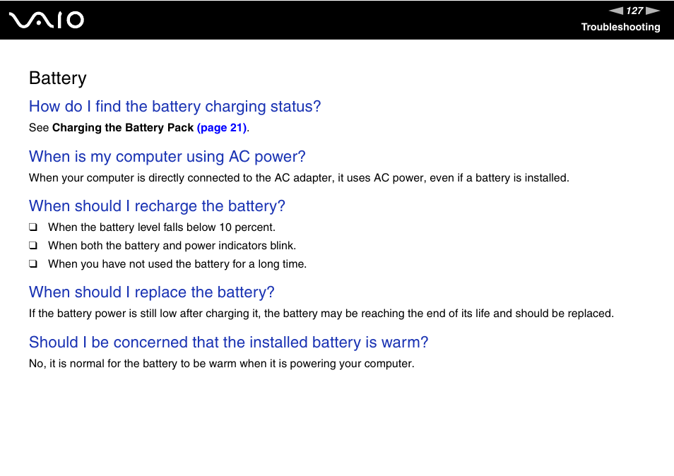 Battery, How do i find the battery charging status, When is my computer using ac power | When should i recharge the battery, When should i replace the battery | Sony VGN-S660P User Manual | Page 127 / 167