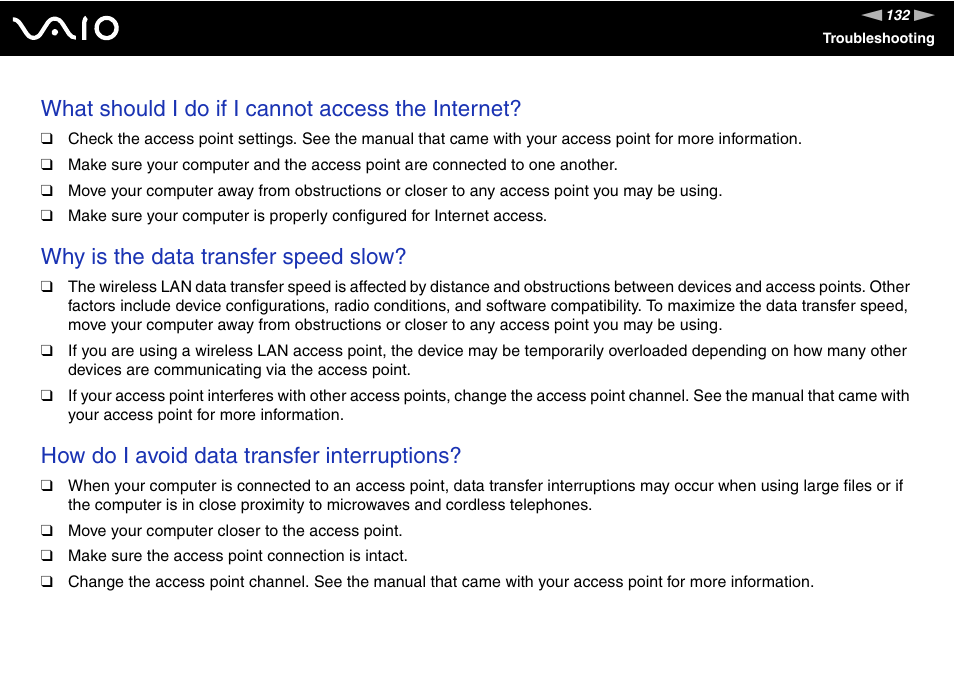 What should i do if i cannot access the internet, Why is the data transfer speed slow, How do i avoid data transfer interruptions | Sony VGN-S660P User Manual | Page 132 / 167