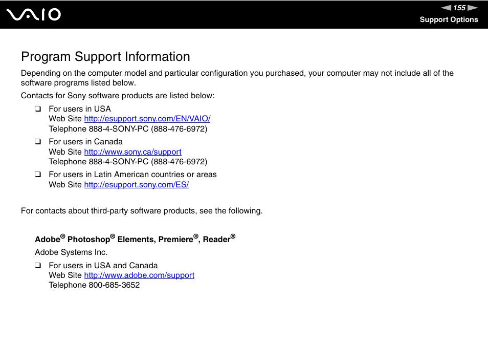 Program support information | Sony VGN-S660P User Manual | Page 155 / 167