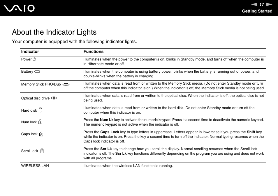 About the indicator lights | Sony VGN-S660P User Manual | Page 17 / 167