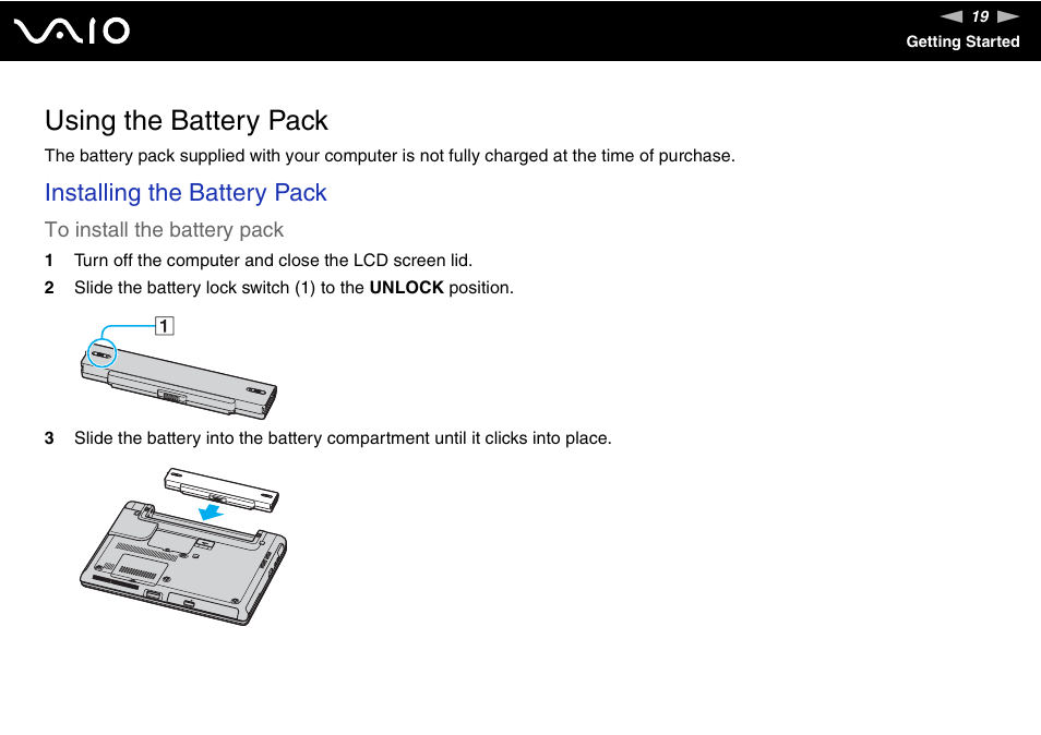 Using the battery pack, Installing the battery pack | Sony VGN-S660P User Manual | Page 19 / 167