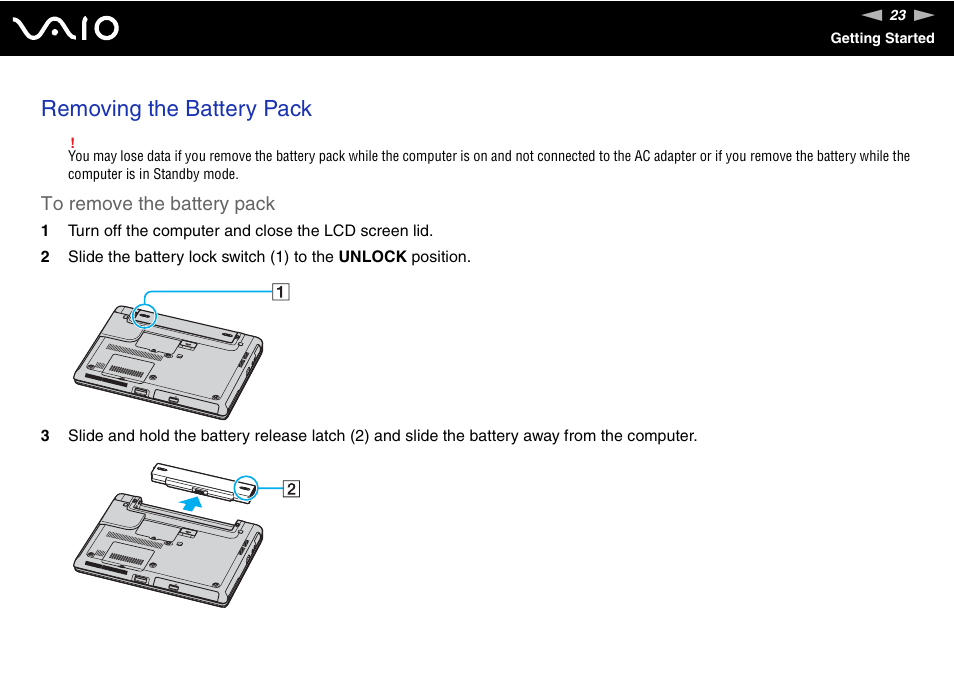 Removing the battery pack | Sony VGN-S660P User Manual | Page 23 / 167