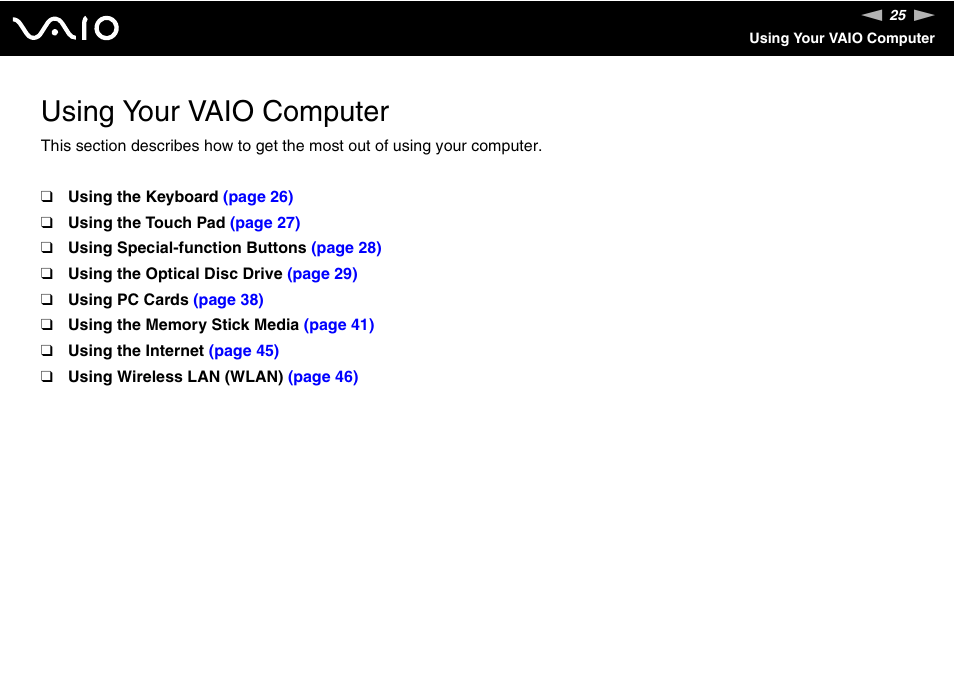 Using your vaio computer | Sony VGN-S660P User Manual | Page 25 / 167