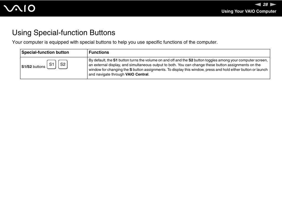 Using special-function buttons | Sony VGN-S660P User Manual | Page 28 / 167