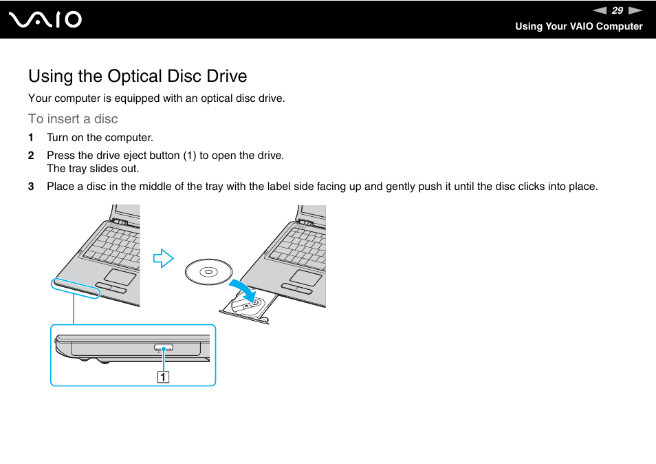 Using the optical disc drive | Sony VGN-S660P User Manual | Page 29 / 167